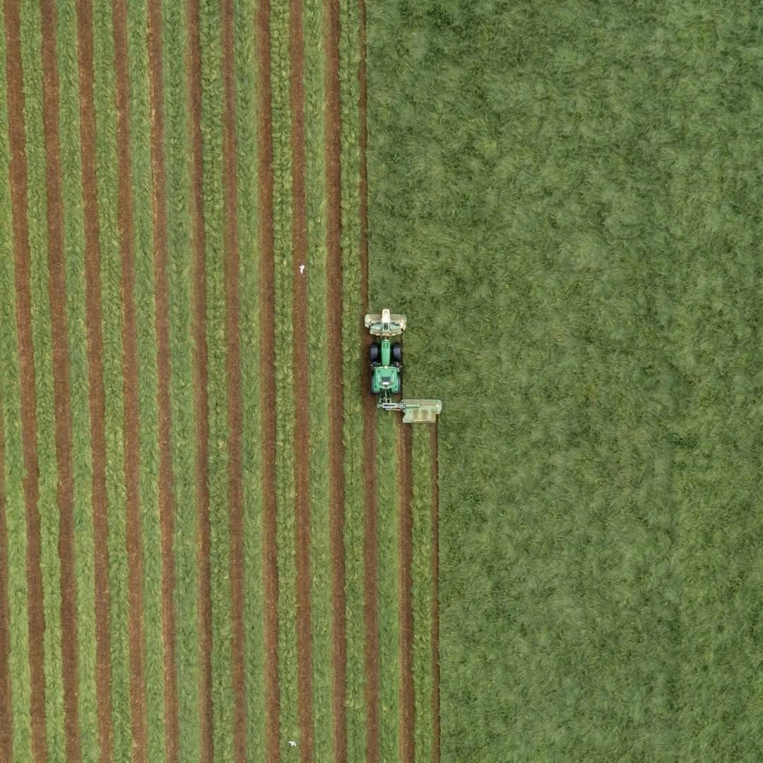 Tractor cutting grass from above